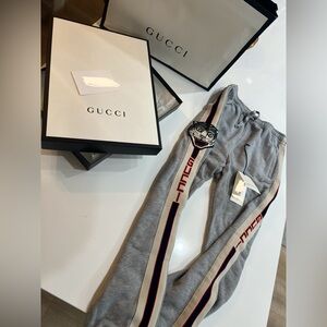 Gucci Gray Sweatpants with Red and Blue Stripes